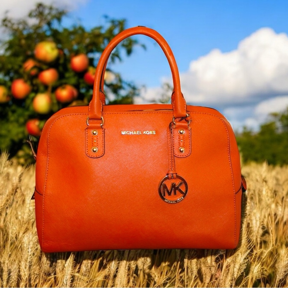 Michael Kors MK Signature Large Leather Satchel 2 Way Bag - Color Tangerine